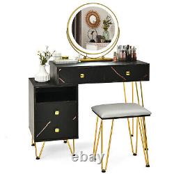 Ensemble de tabouret de table de vanité avec miroir à LED à intensité variable et grand meuble de rangement à tiroir noir