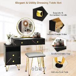 Ensemble de tabouret de table de vanité avec miroir à LED à intensité variable et grand meuble de rangement à tiroir noir