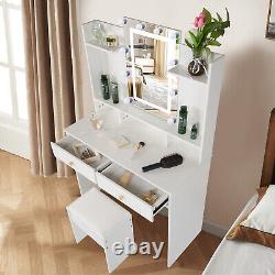 Ensemble de vanité avec armoire à 2 tiroirs, miroir à 10 ampoules LED, table de maquillage et tabouret