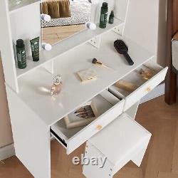 Ensemble de vanité avec armoire à 2 tiroirs, miroir à 10 ampoules LED, table de maquillage et tabouret