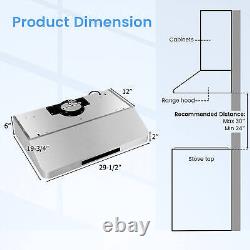 Hotte de cuisine sous placard de 30 pouces avec lumières LED réglables, programmation de l'heure et 4 vitesses de ventilation.