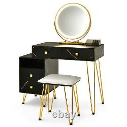 Mimmer Led Miroir Grand Armoire De Rangement Tiroir Vanity Tabouret De Table Set Noir