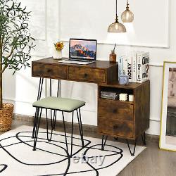 Miroir LED avec étagère de rangement, tiroir, table de maquillage et tabouret de couleur marron