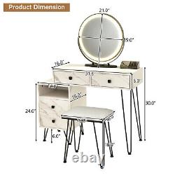 Miroir LED avec variateur, grand meuble de rangement, tiroir, table de toilette et ensemble de tabouret blanc.