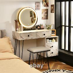Miroir LED avec variateur, grand meuble de rangement, tiroir, table de toilette et ensemble de tabouret blanc.